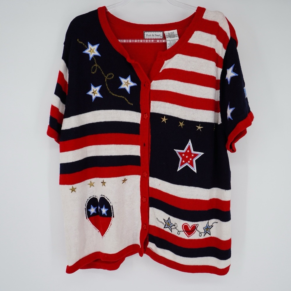 Knit‎ & Pearl  Patriotic Knit Sweater Red White Blue Stars & Hearts XL 18-20